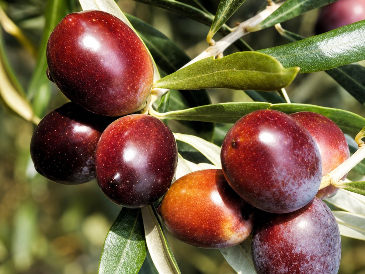 Ripening Favolosa olives, a deep red, on an olive branch.
